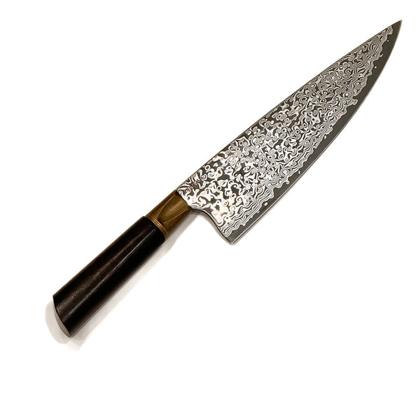 Handmade Knife- Excellent Primeaux Zenith 8.5in Chef's Knife- Damascus with Claro Walnut
