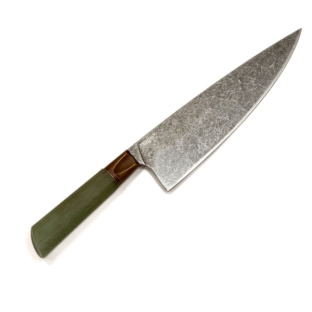 Handmade Knife- Elegant Workhorse Primeaux Jade Monolith Zenith 8.5in Chef's Knife- Stonewashed AEBL with Jade G10