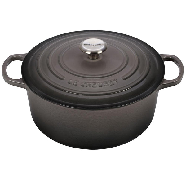 An oyster/ grey colored 7 - 1/4 Quart Le Creuset Signature Enameled Cast Iron Round French/Dutch Oven