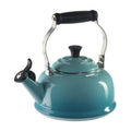 A caribbean/ blue colored Le Creuset Enameled Steel 1.7 Quart Classic Whistling Tea Kettle
