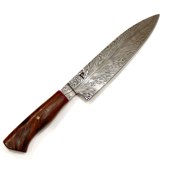 Handmade Knife- Colorado Made Gorgeous  B&D Knives Carbon Steel feather Damascus 8 Inch Chef's Knife- Ironwood Handle