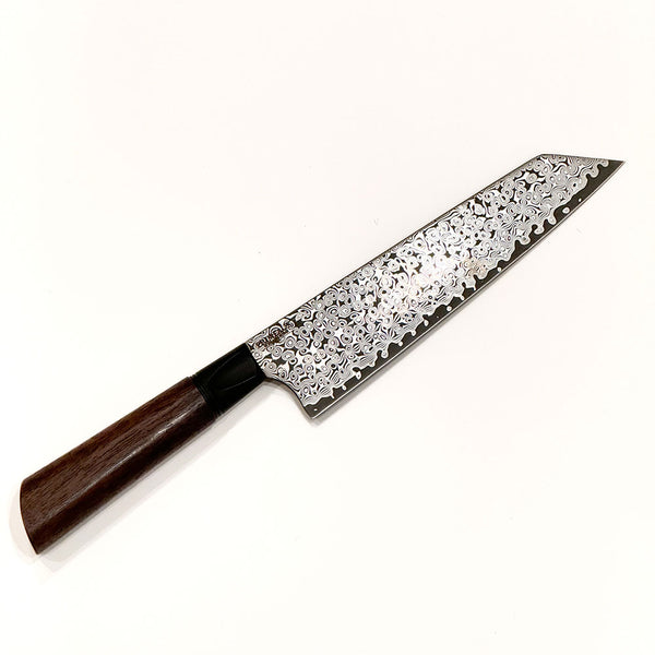 Handmade Knife- The Primeaux Phantom Echo 7in K-Tip Gyuto Knife- Damascus with Claro Walnut