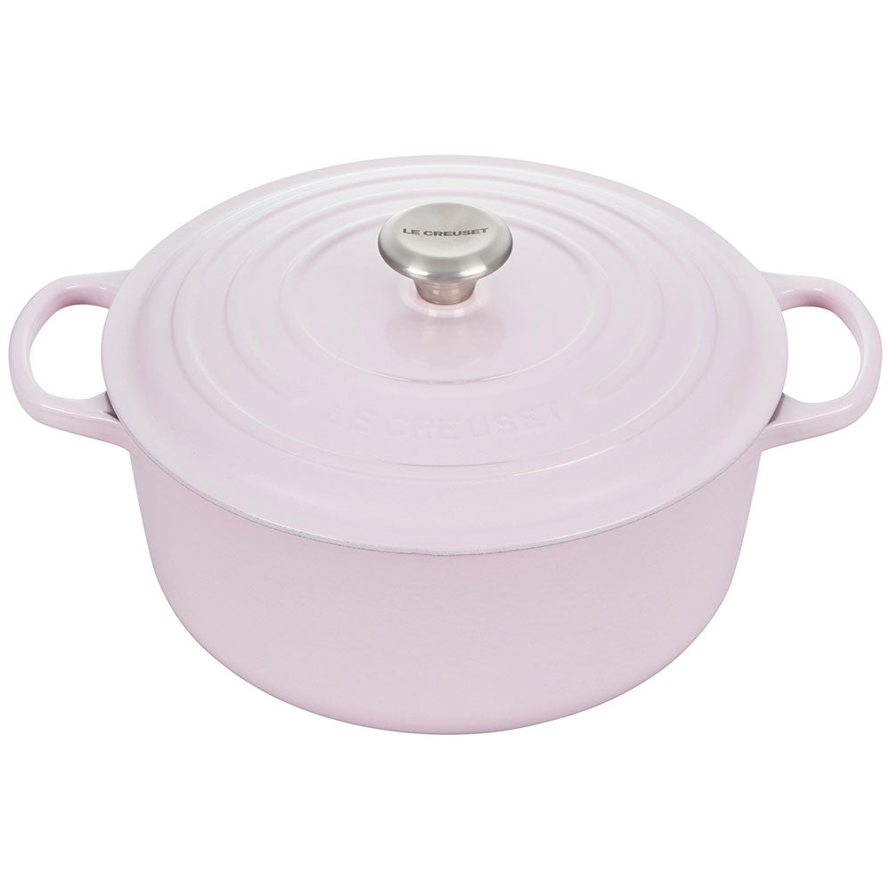 A shallot/ pink colored 5 - 1/2 Quart Le Creuset Signature Enameled Cast Iron Round French/Dutch Oven