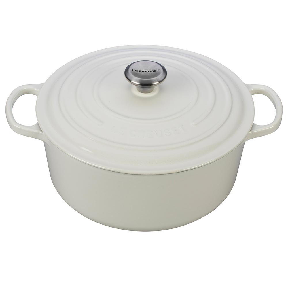 A white colored 7 - 1/4 Quart Le Creuset Signature Enameled Cast Iron Round French/Dutch Oven