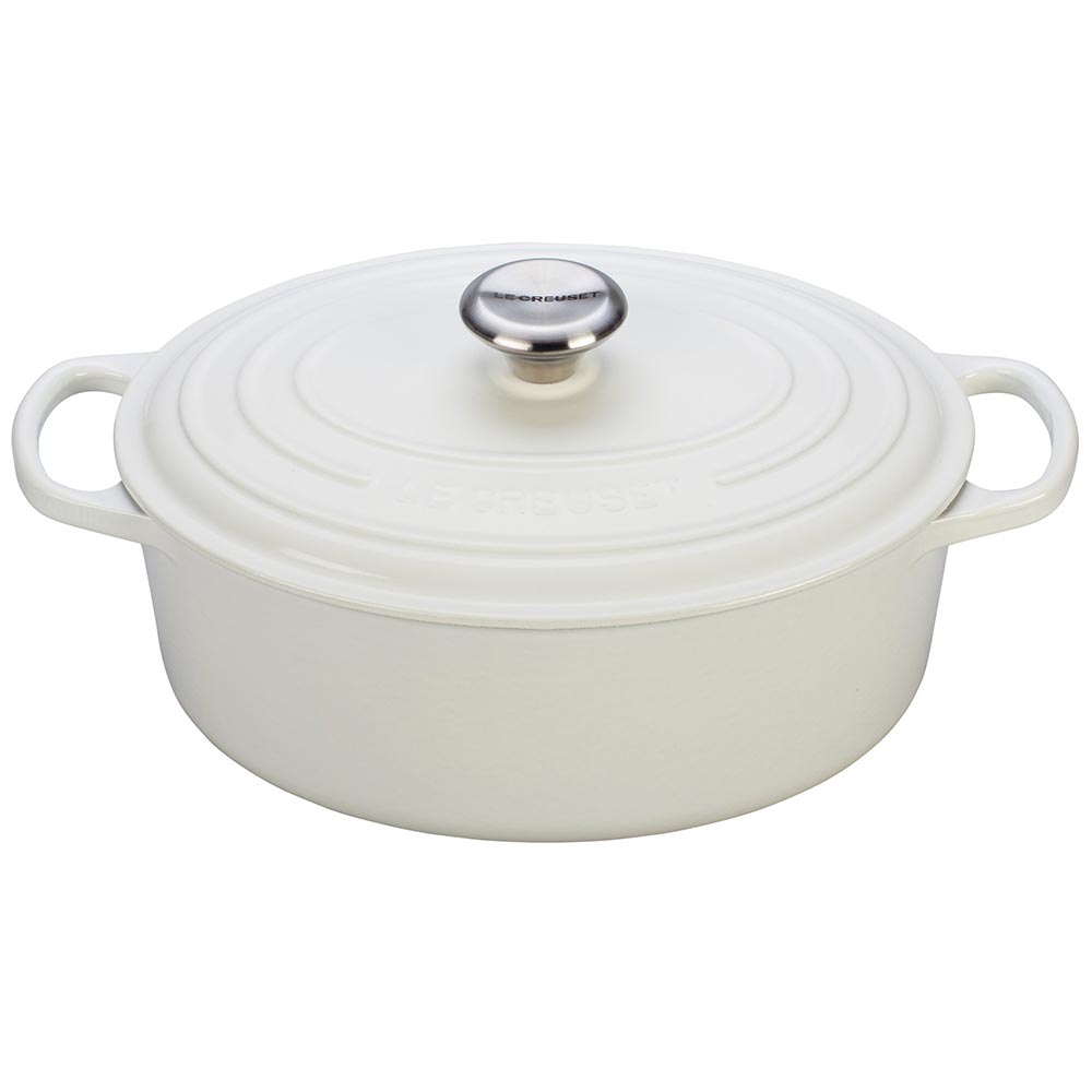 A white colored 5 Quart Le Creuset Signature Enameled Cast Iron Oval French/Dutch Oven