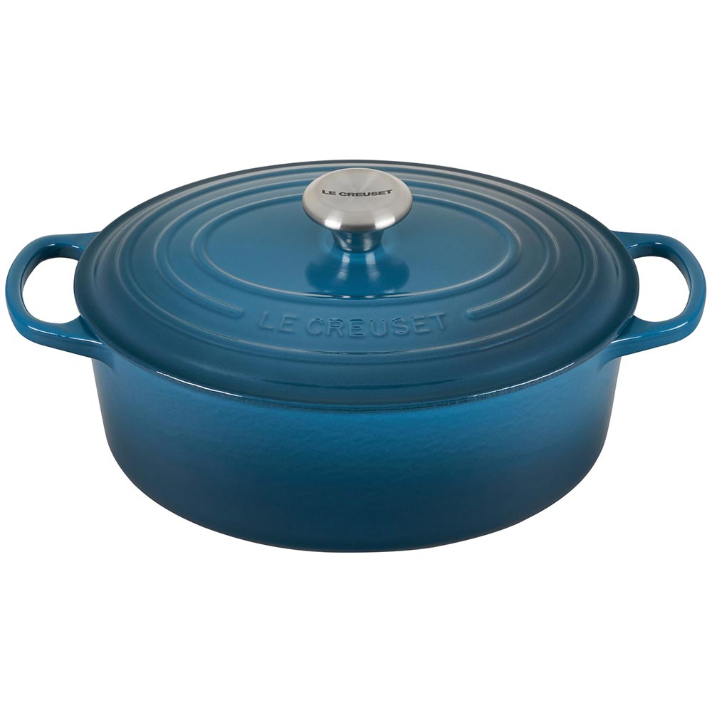 A deep teal colored 5 Quart Le Creuset Signature Enameled Cast Iron Oval French/Dutch Oven