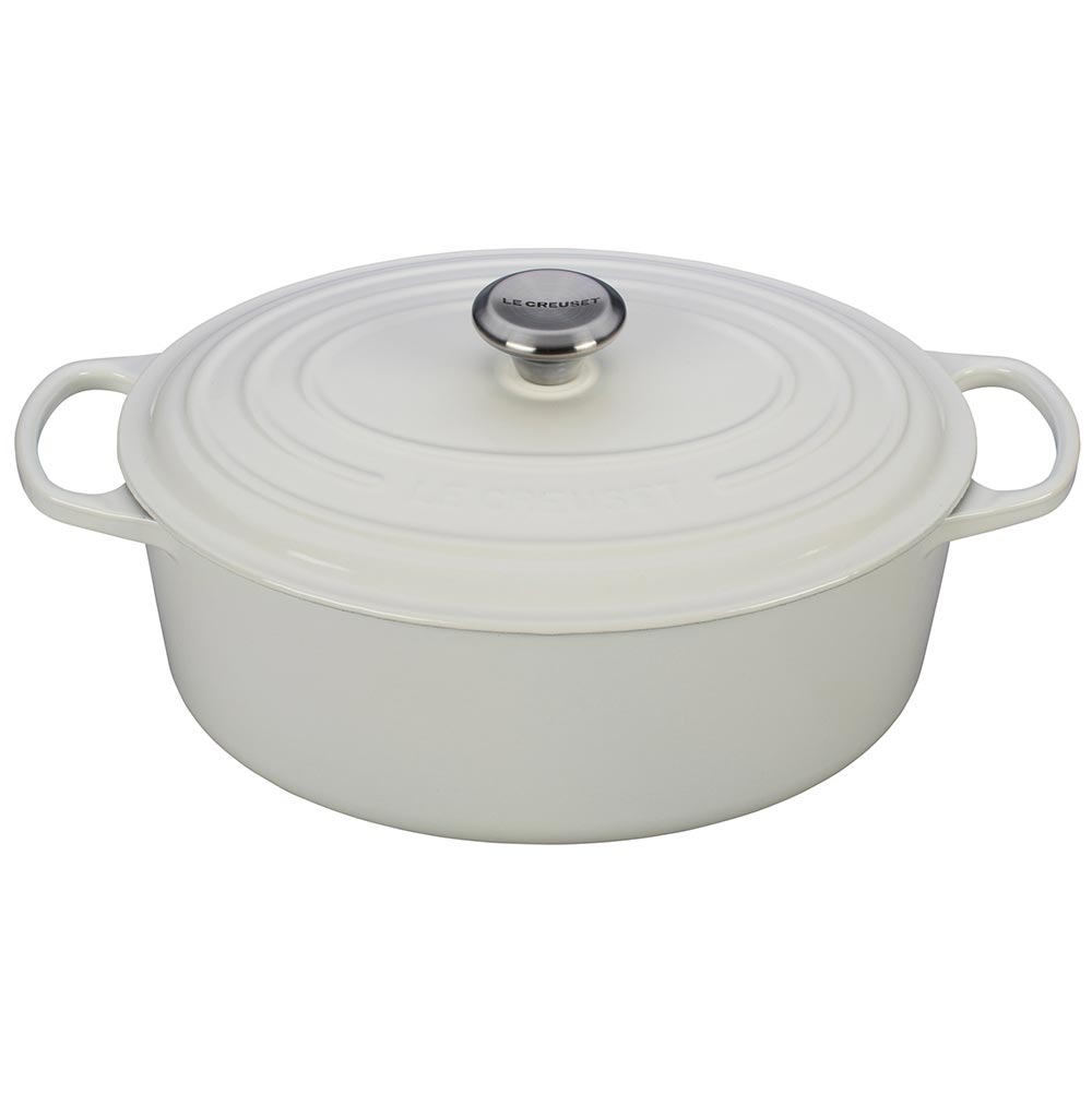 A white colored 6-3/4 Quart Le Creuset Signature Enameled Cast Iron Oval French/Dutch Oven