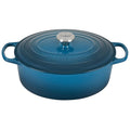 A deep teal colored 6-3/4 Quart Le Creuset Signature Enameled Cast Iron Oval French/Dutch Oven