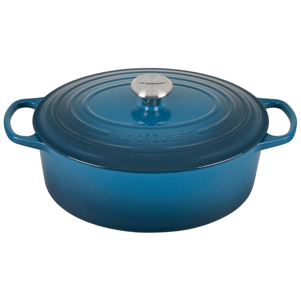 A deep teal colored 6-3/4 Quart Le Creuset Signature Enameled Cast Iron Oval French/Dutch Oven