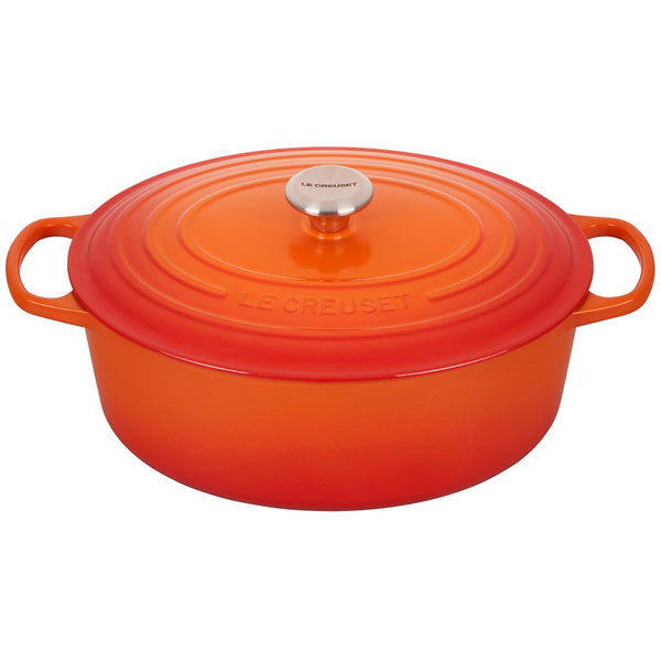 A flame/ orange colored 8 Quart Le Creuset Signature Enameled Cast Iron Oval French/Dutch Oven