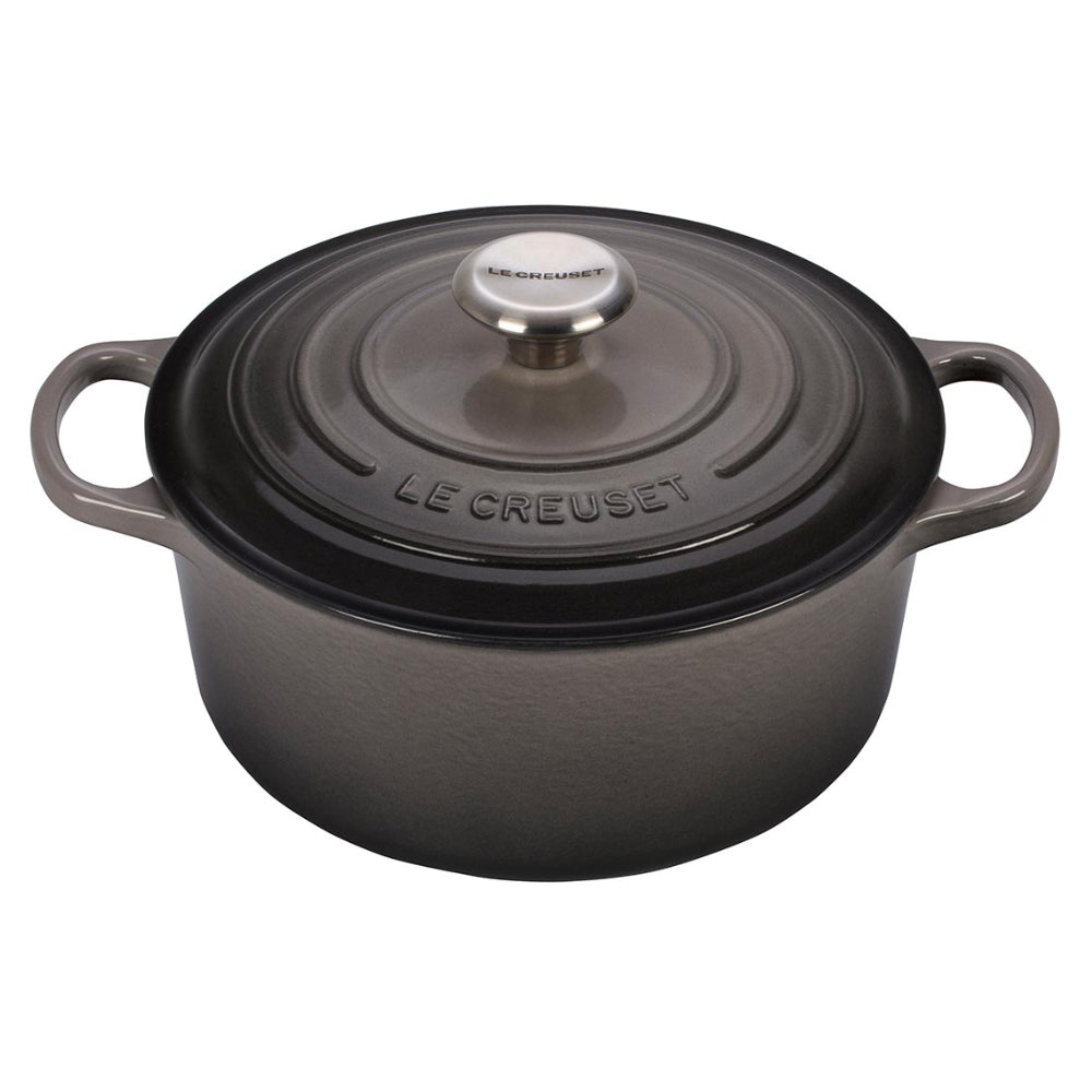 An oyster/ grey colored 5 - 1/2 Quart Le Creuset Signature Enameled Cast Iron Round French/Dutch Oven