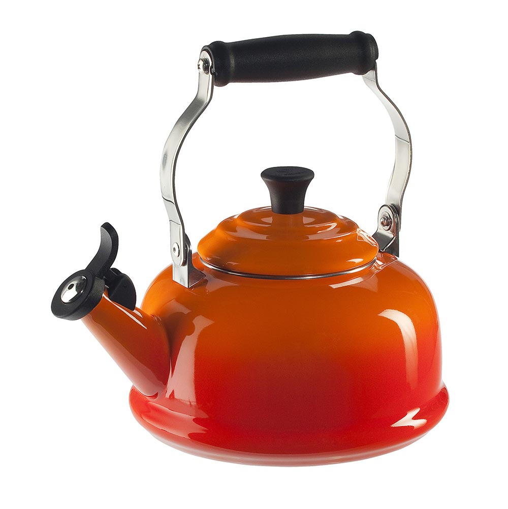 An Orange / flame colored Le Creuset Enameled Steel 1.7 Quart Classic Whistling Tea Kettle